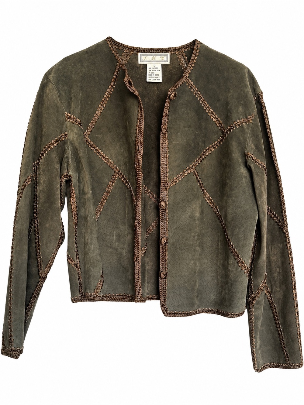 Vintage 90s S.M.H. Olive Leather Crochet Patchwork Jacket Size L